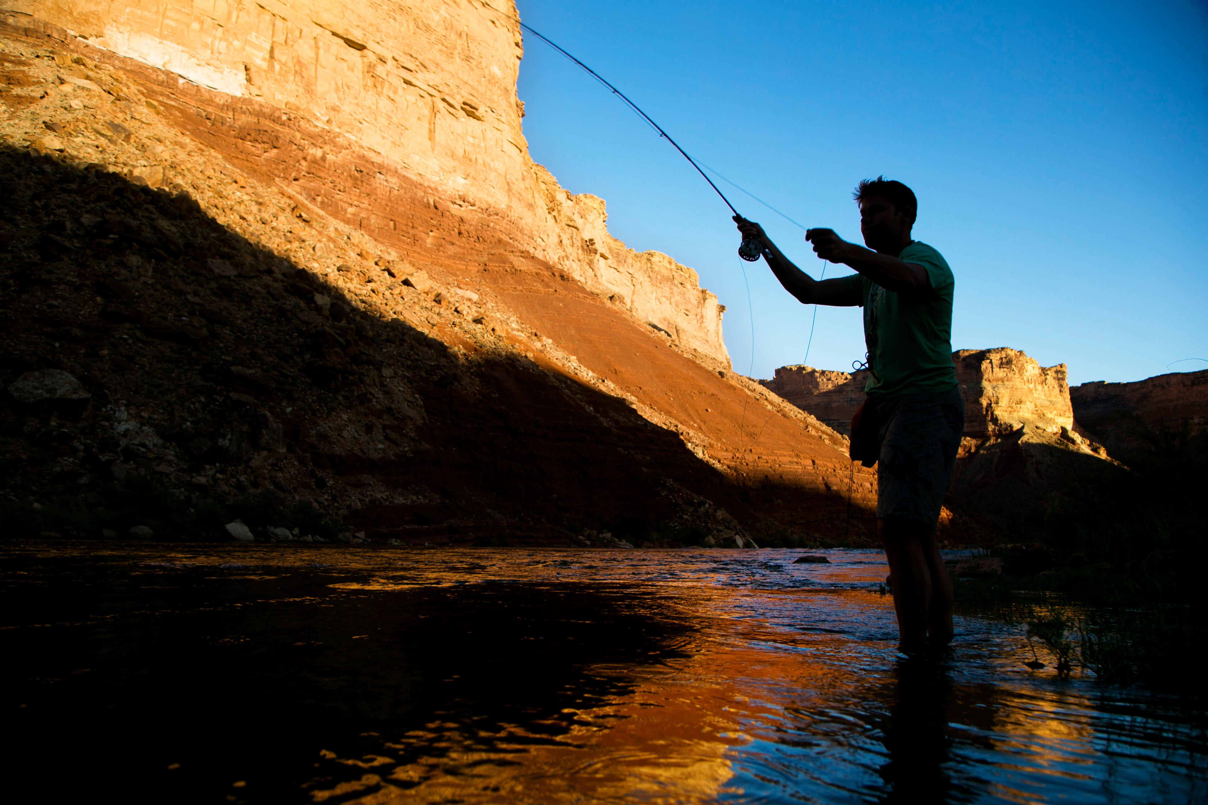 Stephen Sanborn fly fishes above Soap Creek Rapid in Grand Canyon National Park. Unlike the Colorado River's native humpback chubs, the popular rainbow trout drive jobs for fly-fishing guides and innkeepers in the area.