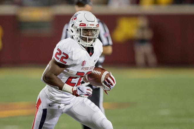 Sep 8, 2018; Minneapolis, MN, USA; Fresno State Bulldogs running back Jordan Mims (22) rushes with the ball in the second half against the Minnesota Golden Gophers at TCF Bank Stadium. Mandatory Credit: Jesse Johnson-USA TODAY Sports