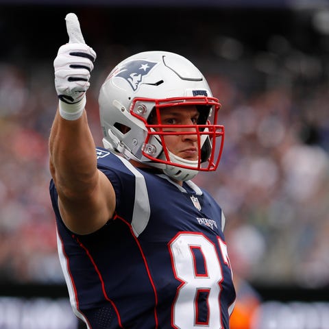 Patriots tight end Rob Gronkowski reacts after an...