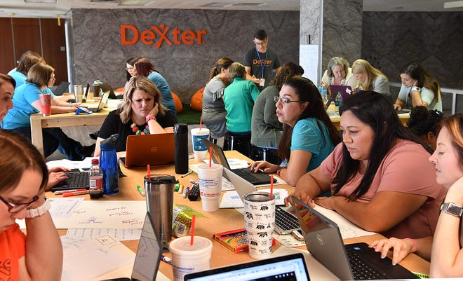 In this file photo, Wichita Falls ISD teachers learn about basic computer programming and algorithms at Dexter Learning during a STEAM 3.0 training session. Dexter is one of two growing makerspaces in downtown Wichita Falls. The Chamber is seeking input through an online survey about what equipment or classes residents would like to see at these makerspaces like this in the city.