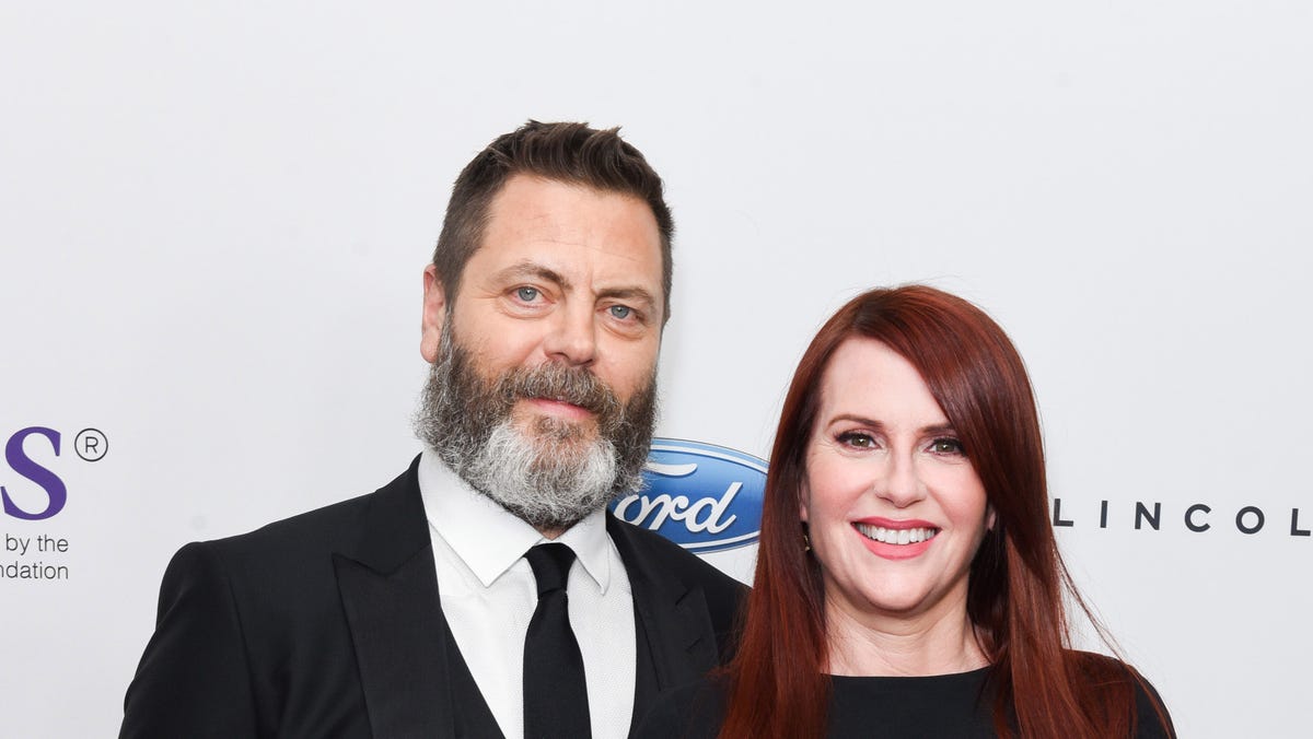 Nick Offerman and Megan Mullally at the 43rd Annual Gracie Awards at the Beverly Wilshire Four Seasons Hotel on May 22, 2018 in Beverly Hills.