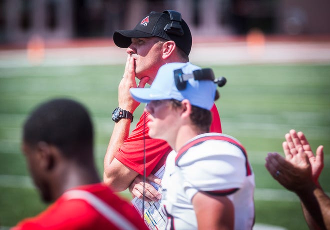 Ball State head coach Mike Neu during the game against Indiana at Memorial Stadium in Bloomington Saturday, Sept. 15, 2018.