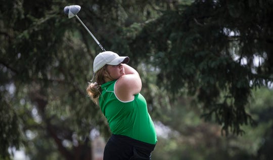 Yorktown's Bella LaPierre tees off during the girls golf sectional on Sept. 15 at Crestview Golf Club.