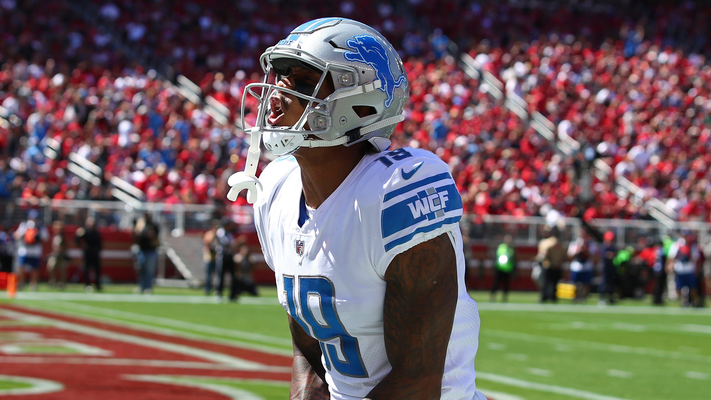 Lions wide receiver Kenny Golladay celebrates after scoring a touchdown during the first half on Sunday, Sept. 16, 2018, in Santa Clara, Calif.