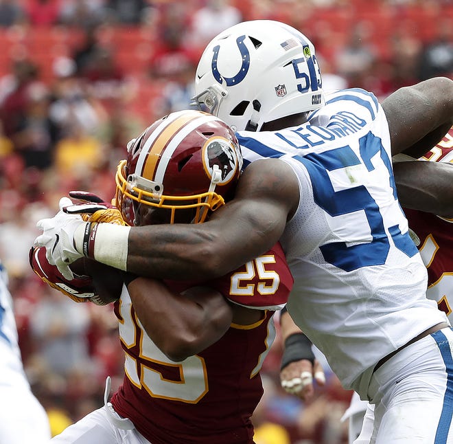 Indianapolis Colts linebacker Darius Leonard (53) tackles Washington Redskins running back Chris Thompson (25) in the first half of their game at FedEx Field in Landover MD. on Sunday, Sept. 16, 2018.