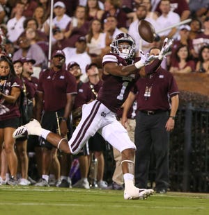 Mississippi State's Stephen Guidry (1) catches a pass for a 39-yard touchdown. makes a reception. Mississippi State and Louisiana played in a college football game on Saturday, September 15, 2018, in Starkville. Photo by Keith Warren/Madatory Photo Credit