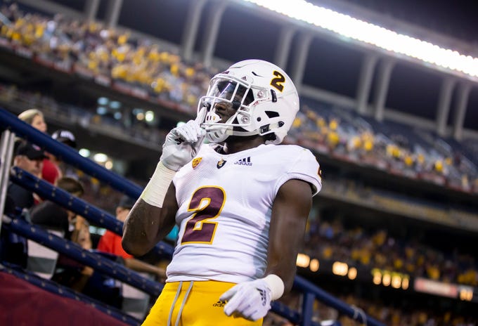 Junior wide receiver Brandon Aiyuk (2) of the Arizona State Sun Devils motions after scoring a touchdown against the San Diego State Aztecs at SDCCU Stadium on Saturday, September 15, 2018 in San Diego, California.