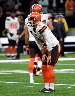 Cleveland Browns kicker Zane Gonzalez reacts after missing an extra point during the second half of an NFL football game against the New Orleans Saints, in New Orleans Sunday, Sept. 16, 2018.