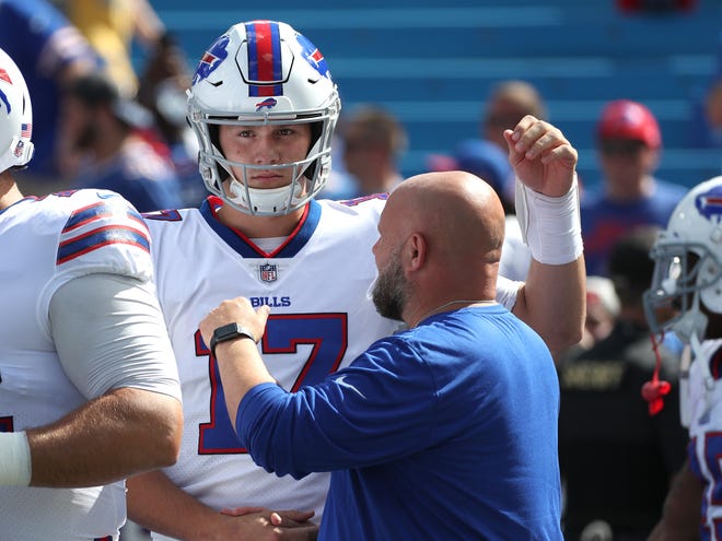 Bills rookie quarterback Josh Allen is greeted by offensive coordinator Brian Daboll before his first NFL start. Aside from working with an aging Brett Favre as QB coach of the New York Jets, Daboll has had a long line of young or middling veteran quarterbacks to work with as offensive coordinator in NFL for four teams.