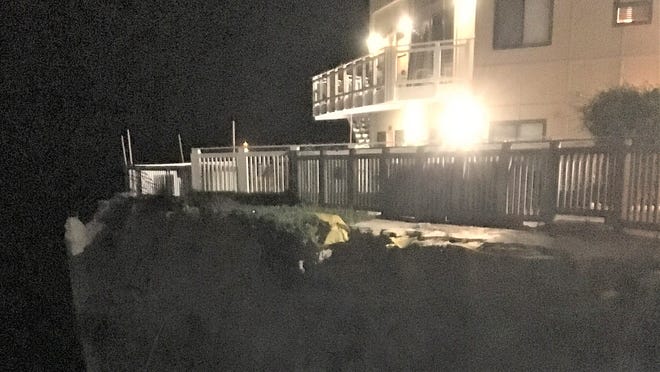 Authorities say a Santa Barbara City College student was injured when she fell off the balcony of this Isla Vista clifftop building and into the water below.