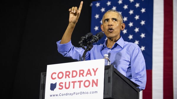 Former President Barack Obama speaks during a...