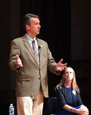 Del. Ben Cline, the Republican nominee for the 6th district of Virginia congressional seat, speaks at Spotswood High School Sept. 17 during the first debate against his opponent, Democratic nominee Jennifer Lewis.