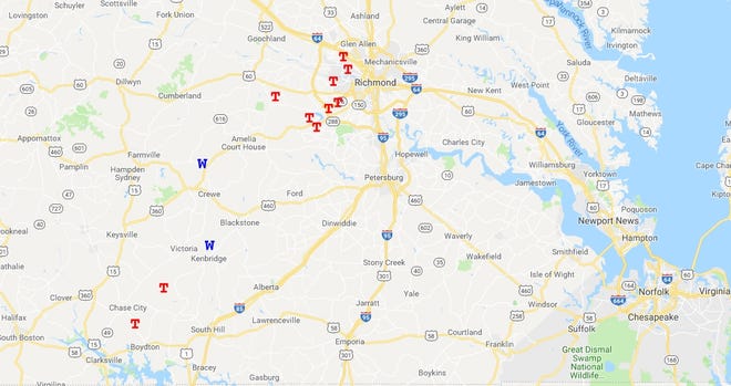 There were several reports of tornadoes (Red Ts) in central and southern Virginia on Monday, Sept.17, 2018.