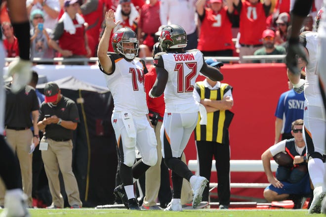 Tampa Bay Buccaneers quarterback Ryan Fitzpatrick (14) high fives wide receiver Chris Godwin (12) as they scores a touchdown  against the Philadelphia Eagles during the second half at Raymond James Stadium.