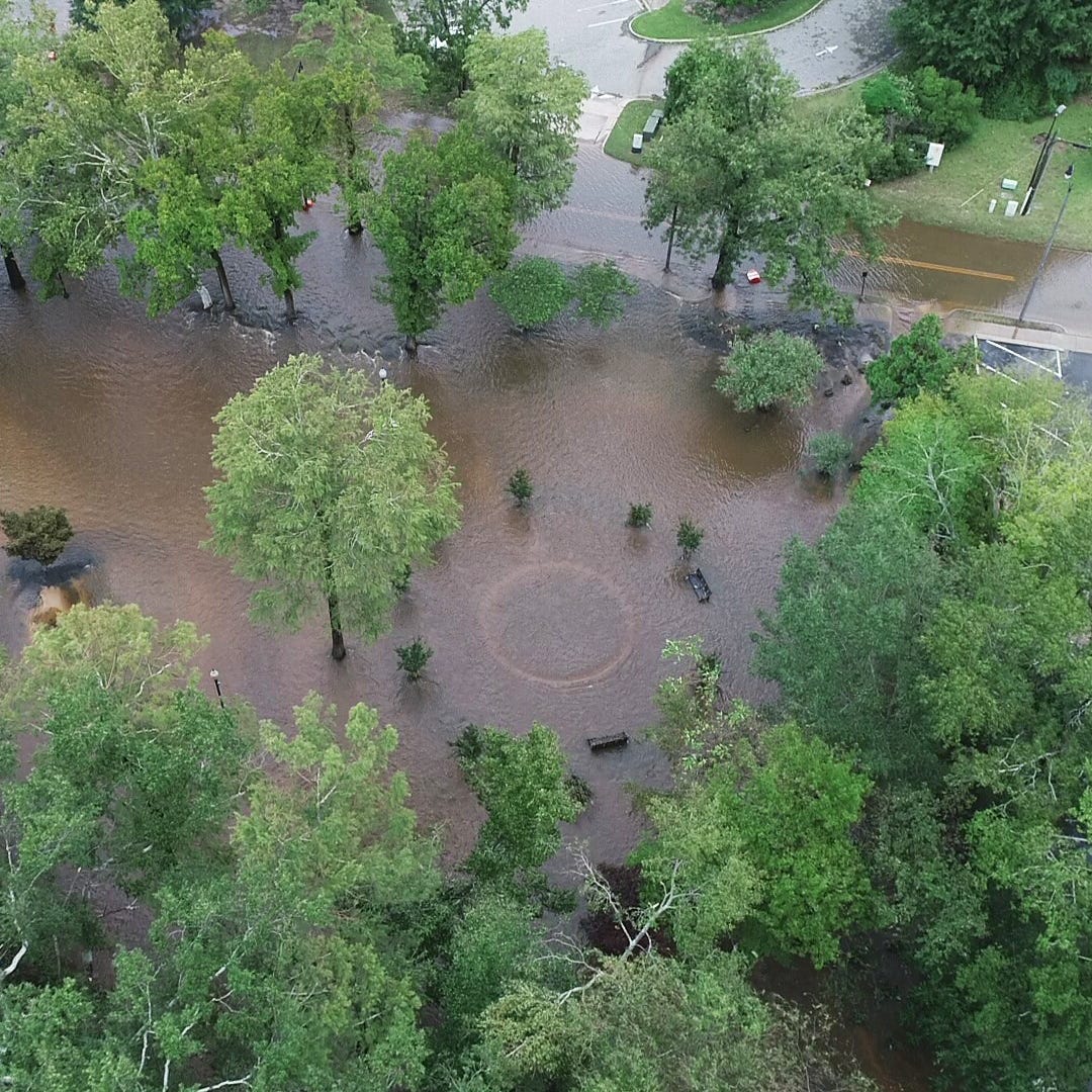 Cross Creek overflows into Festival Park and nearby roadways, in Fayetteville, S.C.  Sept. 17, 2018, in the aftermath of Florence.