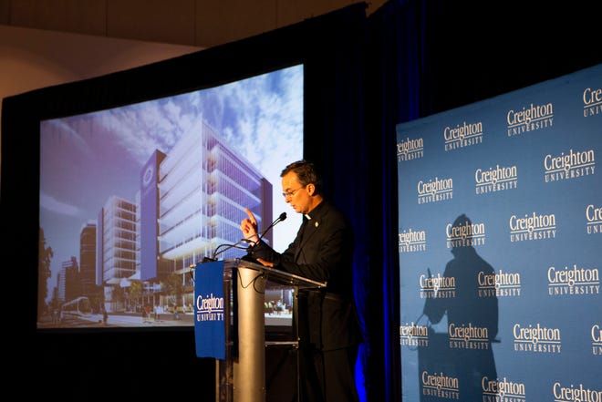 The Rev. Daniel S. Hendrickson,  president of Creighton University, speaks Sept. 18, 2018, at the Phoenix Art Museum about Nebraska-based Creighton University's announcement that it will open a four-year medical school in Arizona as part of a $100 million expansion into midtown Phoenix. Phase One of the project will include a 200,000-square-foot building that will consist of a four-year medical school, nursing school, occupational and physical therapy schools, pharmacy school, physician assistant school, and emergency medical services program.