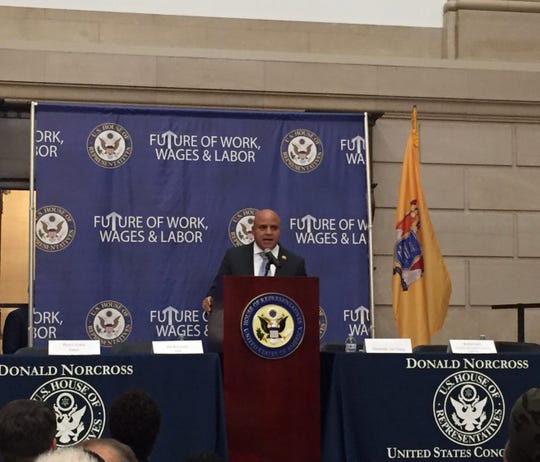 Camden Mayor Frank Moran speaks at a forum on jobs and opportunities for city residents. Moran announced a new initiative to help match Camden residents with jobs in the city.