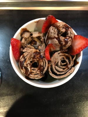 The menu at Freezing Cow Rolling Ice Cream in Ridgeland includes Chocolate Sweetie, which features chocolate ice cream, Oreos and Kit Kit and can be topped with strawberries.