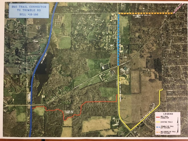 Mansfield City Council passed a bill allowing the city to spend $20,000 for the design of a trail connecting the Richland B&O Trail to a Trimble Road path. The proposed path is in red, the B&O is in blue and the Trimble Road path is in yellow. The dotted lines are proposed future paths.
