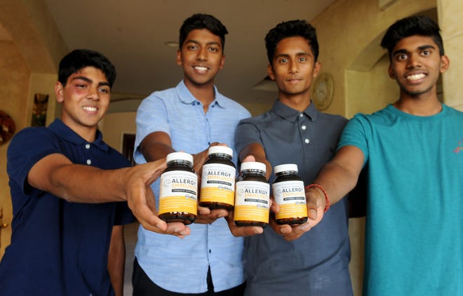 From left, Sam Kadaba, Arjun Gutta, Vasco Singh and Akhil Gutta are co-owners of ReAlign Therapeutics, a probiotic product to help treat seasonal allergies.