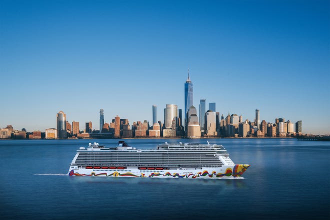 An artist's drawing shows Norwegian Cruise Line's next new ship, Norwegian Encore, sailing near New York City.