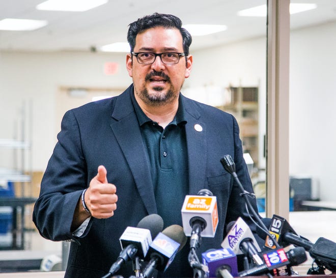 Maricopa County Recorder Adrian Fontes holds a press conference Sept. 20, 2018, announcing some changes in the election system.