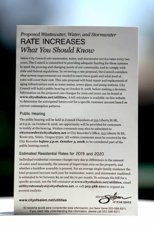 A notice from the city of Salem about a public hearing on water rate increases. Photographed at the Statesman Journal on Thursday, Sep. 20, 2018.
