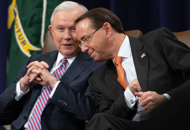 Attorney General Jeff Sessions, left, and Deputy Attorney General Rod Rosenstein at an awards ceremony in Washington, D.C. on Sept. 18, 2018.