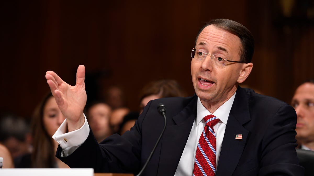 Rod Rosenstein testifies during the Senate Judiciary Committee confirmation hearing of Rod Rosenstein for Deputy Attorney General and Rachel L. Brand for Associate Attorney General. Attorney General Jeff Sessions picked him to supervise the Russia medaling investigation after recusing himself, thereby infuriating President Trump.