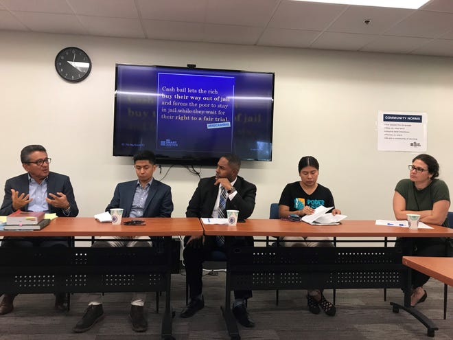 From left to right: Daniel Ortega, Uriel Garcia, Benjamin Taylor, Viri Hernandez and Kathy Brody discuss how Valley police departments investigate excessive-force cases.