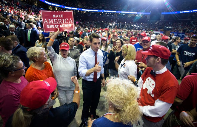 Josh Hawley at a rally with President Donald Trump at JQH Arena in Springfield on Friday, Sept. 21, 2018