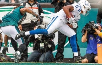 Indianapolis Colts receiver Ryan Grant scores a touchdown against the Philadelphia Eagles. Sept. 23, 2018