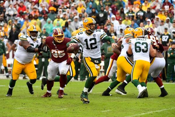 Sep 23, 2018; Landover, MD, USA; Green Bay Packers quarterback Aaron Rodgers (12) prepares to throw against the Washington Redskins during the first half at FedEx Field. Mandatory Credit: Brad Mills-USA TODAY Sports