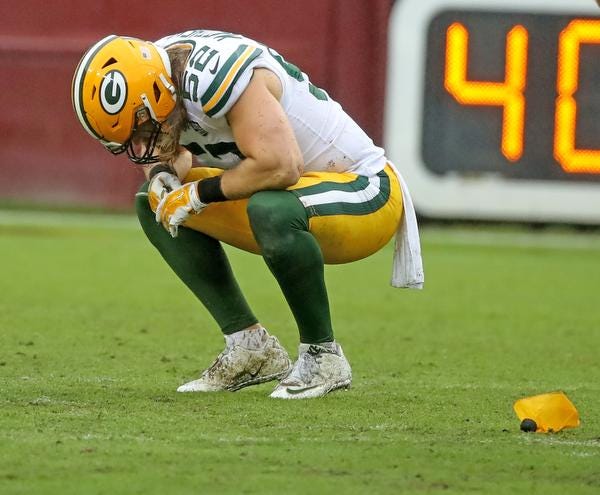 Green Bay Packers linebacker Clay Matthews (52) reacts after being penalized for roughing against Washington Sunday, September 23, 2018 at FedEx Field in Landover, MD.