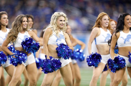 Detroit Lions cheerleaders perform before the game against the New England Patriots at Ford Field on Sept. 23, 2018.