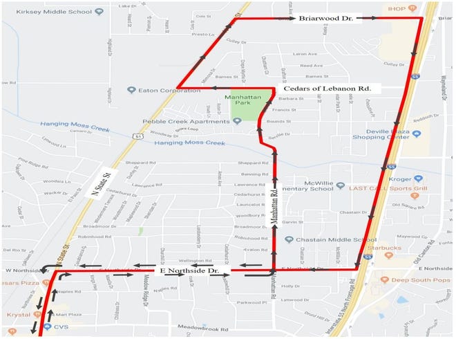 Construction along North State Street from Northside Drive to Sheppard Drive will cause JATRAN beginning Wednesday, Sept. 26, 2018, to detour its Route#1 North State Street bus right on Northside Drive, left onto Manhattan Drive, left on Cedars of Lebanon Drive and resuming regular service at the corner of North State Street and Cedars of Lebanon Drive.