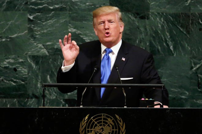 FILE - In this Sept. 19, 2017 file photo, U.S. President Donald Trump addresses the 72nd session of the United Nations General Assembly, at U.N. headquarters. Trump will be joined by other populist leaders at the 73rd General Assembly, including Poland's President Andrej Duda and Italy's Prime Minister Giuseppe Conte along with the foreign ministers of Hungary and Austria. (AP Photo/Richard Drew, File) ORG XMIT: NYR102