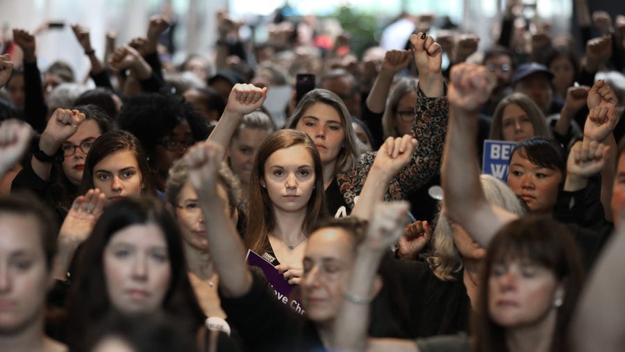 Hundreds of protesters rally in the Hart Senate Office Building while demonstrating against the confirmation of Supreme Court nominee Judge Brett Kavanaugh on Capitol Hill on Sept. 24, 2018.