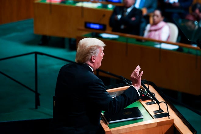 US President Donald Trump addresses the 72nd Annual UN General Assembly in New York on September 19, 2017. / AFP PHOTO / Jewel SAMAD        (Photo credit should read JEWEL SAMAD/AFP/Getty Images)