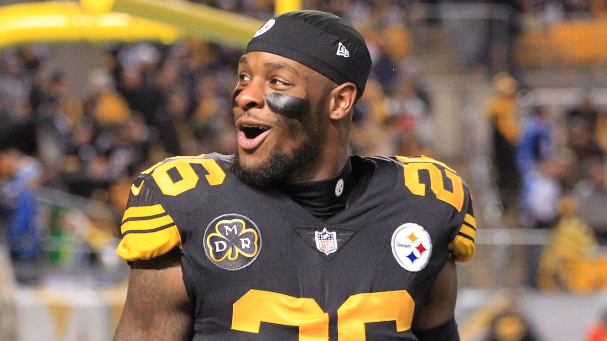 Pittsburgh Steelers running back Le'Veon Bell (26) reacts to the crowd before playing the Tennessee Titans at Heinz Field.