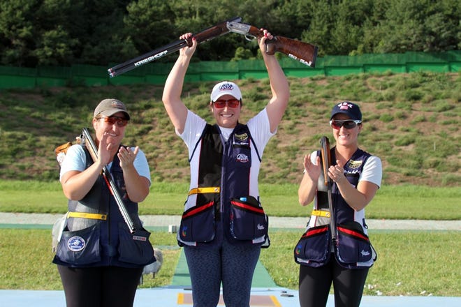 Winnfield native Caitlin Connor (center) won her first skeet shooting gold medal at the ISSF World Championship on Sept. 11. Kim Rhode (left) placed second and Amber English took bronze.