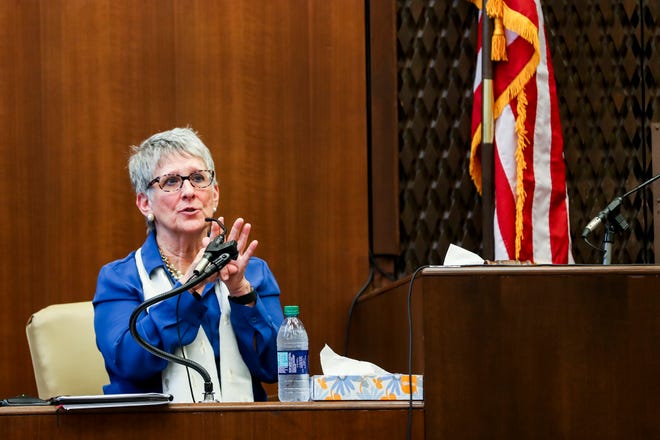 r. Carolyn Wiles Higdon testifies during the first day of the retrial of Quinton Tellis in Batesville, Mississippi on Tuesday.