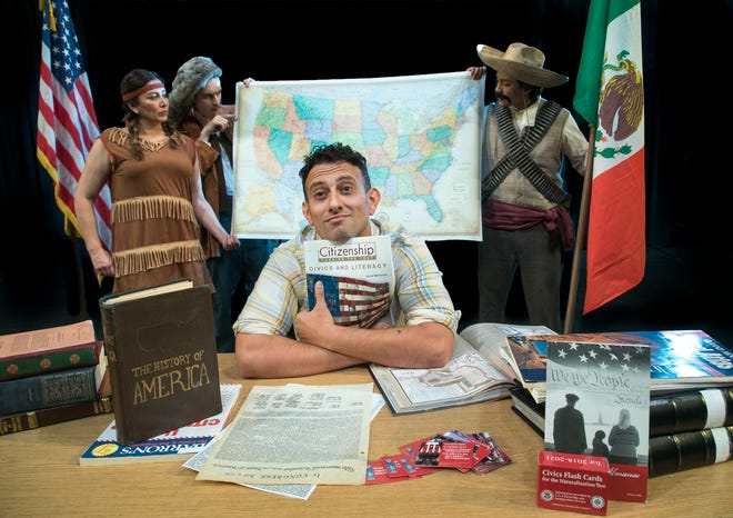 Adrian Torres, pictured center, in the lead role as Juan Jose. From left, DeAnna Diaz poses as Sacagawea, and Jack Clifford is Capt. Meriwether Lewis. At far right, Jacob Juarez stars as Juan Jose's ancestor, a Mexican revolutionary.