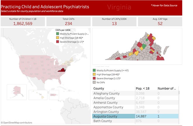 American Academy of Child & Adolescent Psychiatry workforce map classifies Augusta County, Virginia as having a severe shortage of child psychiatrists.