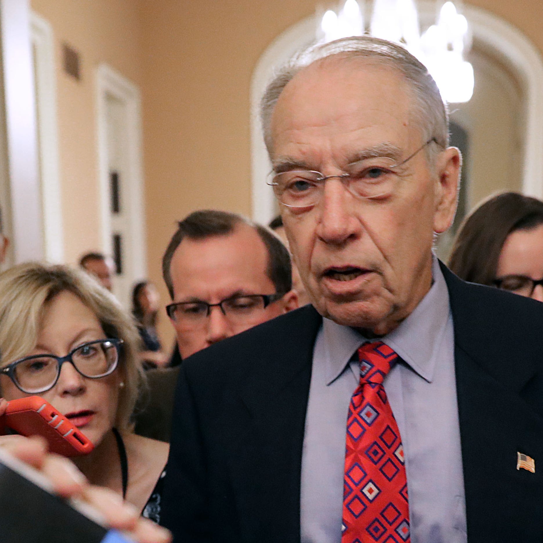 Senate Judiciary Committee Chairman Chuck Grassley, R-Iowa, speaks with reporters as he leaves a meeting in Senate Majority Leader Mitch McConnell's office at the U.S. Capitol on Tuesday.