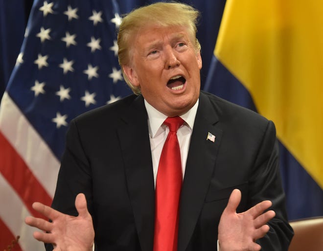 President Donald Trump is pictured speaking during his meeting with Colombian President Iván Duque at the United Nations.