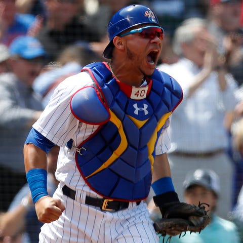 Cubs catcher Willson Contreras reacts after...
