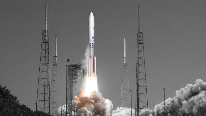 Representación artística de un misil Vulcan de la United Launch Alliance que despega del Complejo de Lanzamiento 41 en la Estación de la Fuerza Aérea de Cabo Cañaveral.