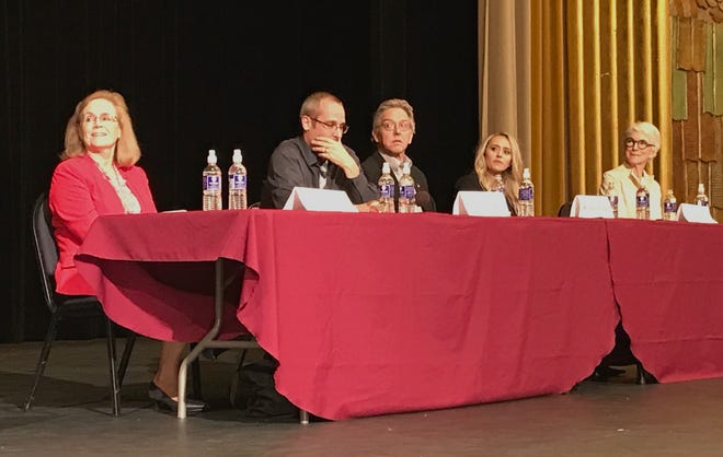 Redding City Council candidates, from left, Kristen Schreder, James Crockett, Michael Dacquisto, Erin Resner and Francie Sullivan appear Wednesday evening at a League of Women Voters forum inside the Cascade Theatre.