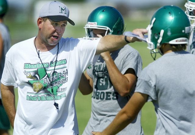 Former Monahans High School head football coach Mickey Owens directs his team during practice in this file photo.